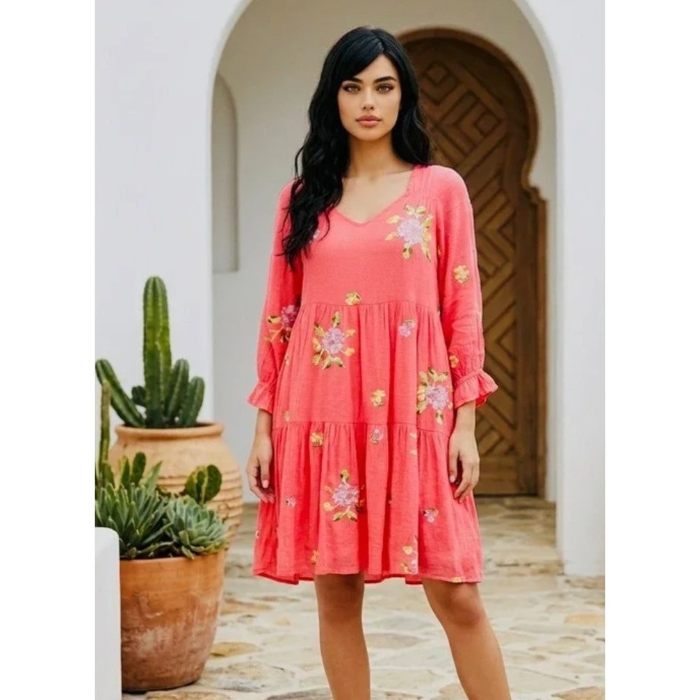 Kindred Anthropologie Embroidered Babydoll Dress Size XL Pink Floral Tiered Boho